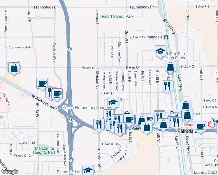 map of restaurants, bars, coffee shops, grocery stores, and more near 38621 2nd Street East in Palmdale