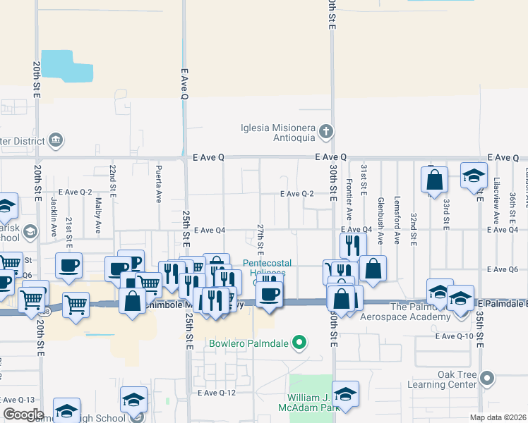 map of restaurants, bars, coffee shops, grocery stores, and more near 38634 27th Street East in Palmdale