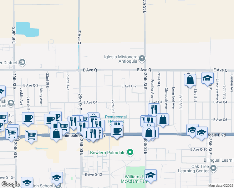 map of restaurants, bars, coffee shops, grocery stores, and more near 38633 Angele Trumpet Court in Palmdale