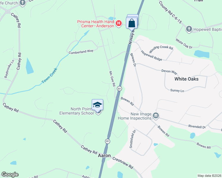 map of restaurants, bars, coffee shops, grocery stores, and more near 3421 South Carolina 81 in Anderson