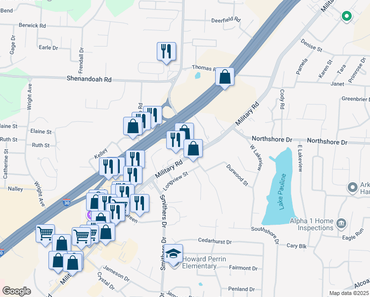 map of restaurants, bars, coffee shops, grocery stores, and more near 2202 Military Road in Benton