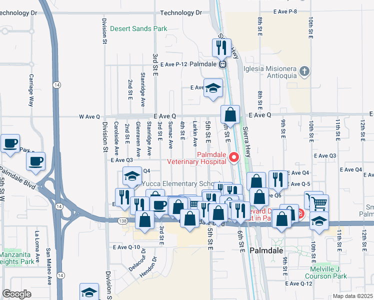 map of restaurants, bars, coffee shops, grocery stores, and more near 38647 Larkin Avenue in Palmdale