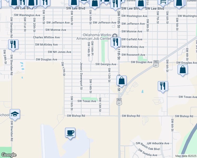 map of restaurants, bars, coffee shops, grocery stores, and more near 1214 Southwest Pennsylvania Avenue in Lawton