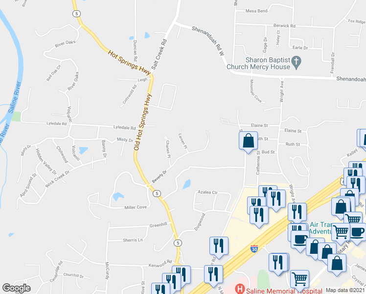 map of restaurants, bars, coffee shops, grocery stores, and more near 3170 Haley Court in Benton