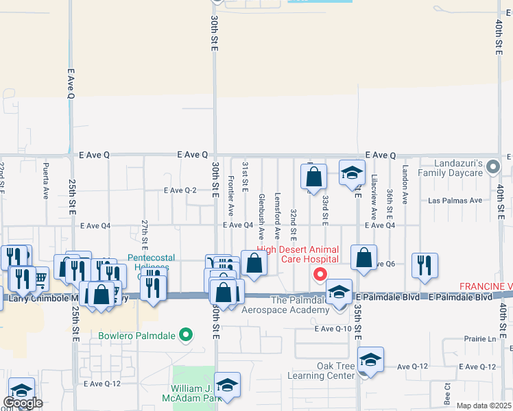 map of restaurants, bars, coffee shops, grocery stores, and more near 38633 Glenbush Avenue in Palmdale