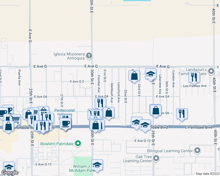 map of restaurants, bars, coffee shops, grocery stores, and more near 38633 Glenbush Avenue in Palmdale