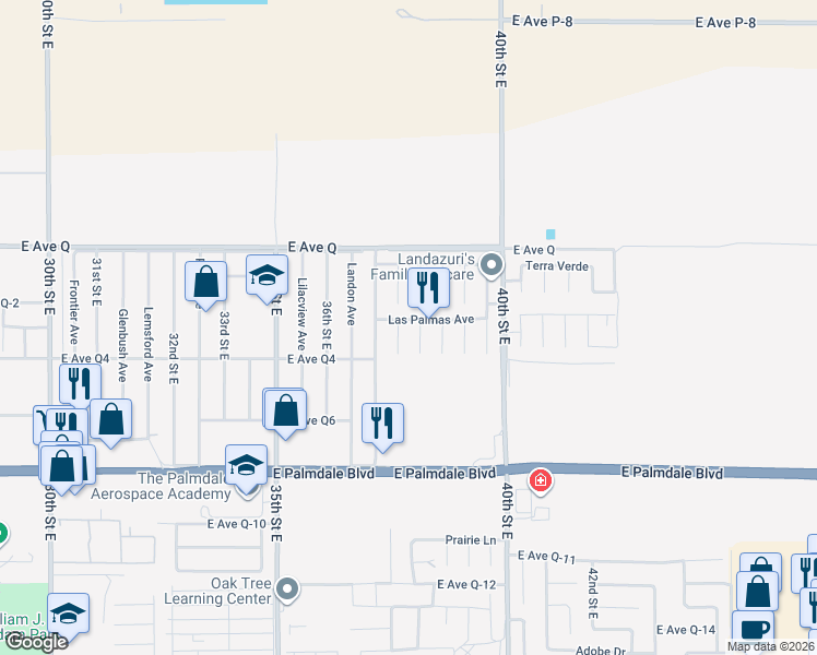 map of restaurants, bars, coffee shops, grocery stores, and more near 3734 Las Palmas Avenue in Palmdale