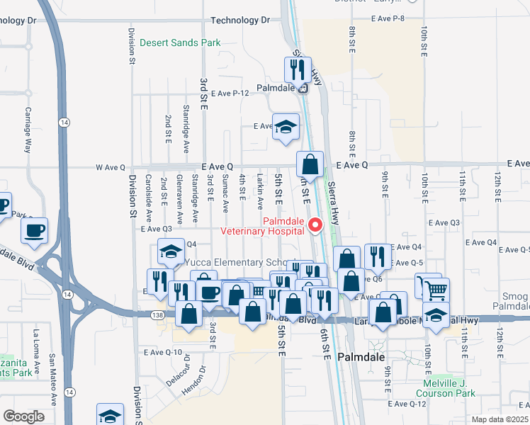 map of restaurants, bars, coffee shops, grocery stores, and more near 38647 Larkin Avenue in Palmdale