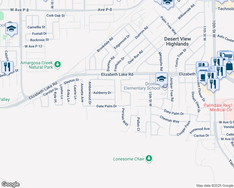 map of restaurants, bars, coffee shops, grocery stores, and more near 38706 Highmeadow Drive in Palmdale