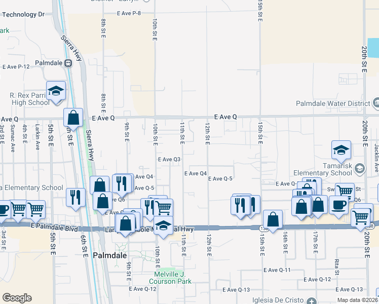 map of restaurants, bars, coffee shops, grocery stores, and more near 38722 11th Street East in Palmdale