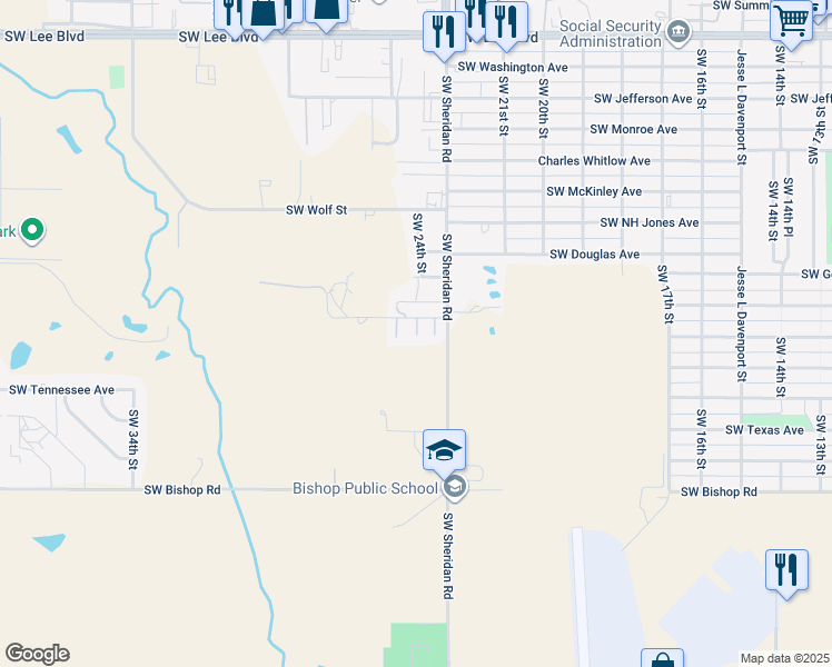 map of restaurants, bars, coffee shops, grocery stores, and more near 2320 Southwest Pennsylvania Avenue in Lawton