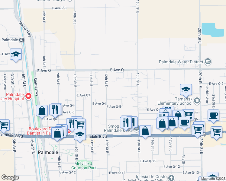 map of restaurants, bars, coffee shops, grocery stores, and more near 12th Street East in Palmdale