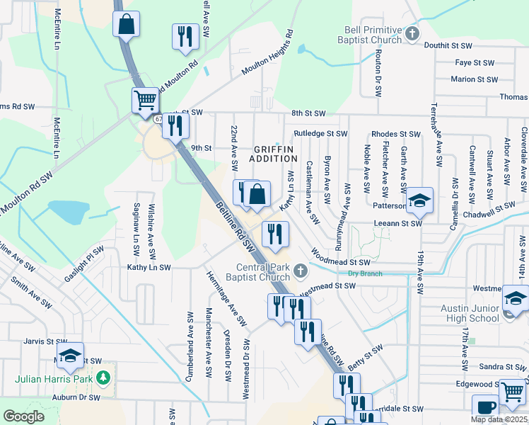 map of restaurants, bars, coffee shops, grocery stores, and more near 1409 Kathy Lane Southwest in Decatur