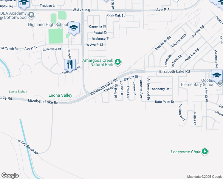 map of restaurants, bars, coffee shops, grocery stores, and more near 2322 Carolyn Drive in Palmdale
