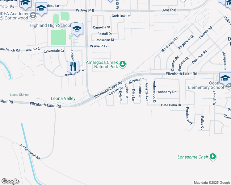 map of restaurants, bars, coffee shops, grocery stores, and more near 2322 Carolyn Drive in Palmdale