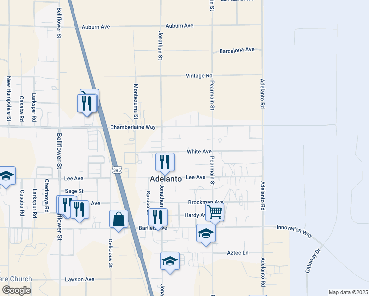 map of restaurants, bars, coffee shops, grocery stores, and more near 11798 White Avenue in Adelanto