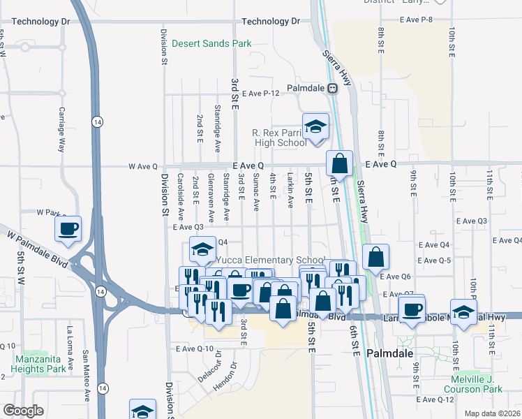 map of restaurants, bars, coffee shops, grocery stores, and more near 38647 4th Street East in Palmdale