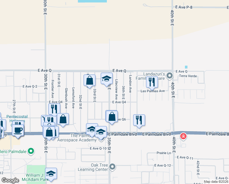 map of restaurants, bars, coffee shops, grocery stores, and more near 38639 Lilacview Avenue in Palmdale