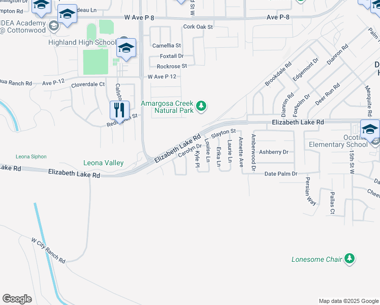 map of restaurants, bars, coffee shops, grocery stores, and more near 2322 Carolyn Drive in Palmdale