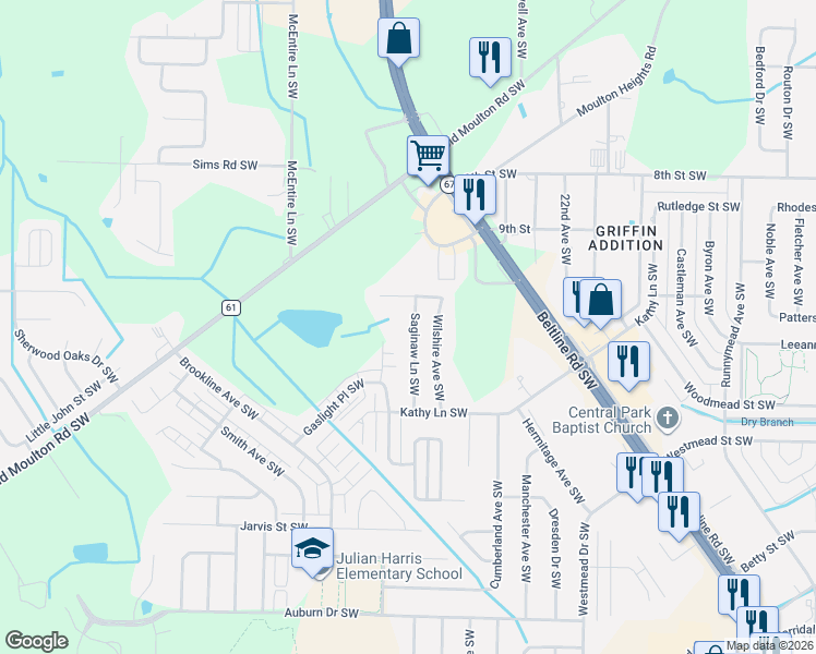 map of restaurants, bars, coffee shops, grocery stores, and more near 1604 Saginaw Lane Southwest in Decatur