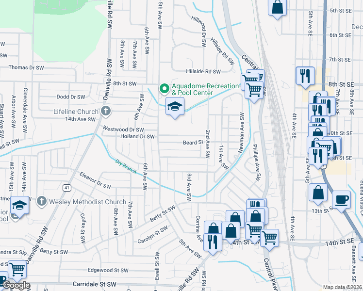 map of restaurants, bars, coffee shops, grocery stores, and more near 304 Beard Street in Decatur