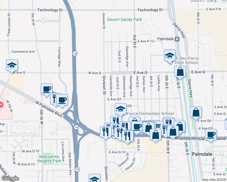 map of restaurants, bars, coffee shops, grocery stores, and more near 38634 Carolside Avenue in Palmdale