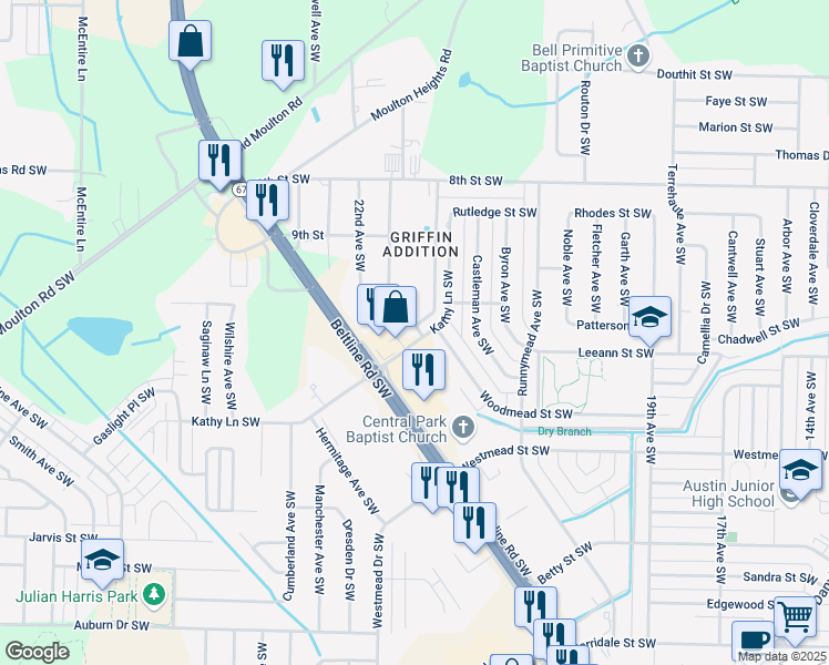 map of restaurants, bars, coffee shops, grocery stores, and more near 1409 Kathy Lane Southwest in Decatur