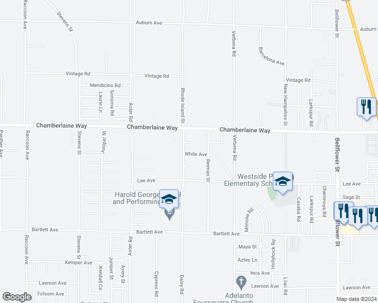 map of restaurants, bars, coffee shops, grocery stores, and more near 10704 White Avenue in Adelanto