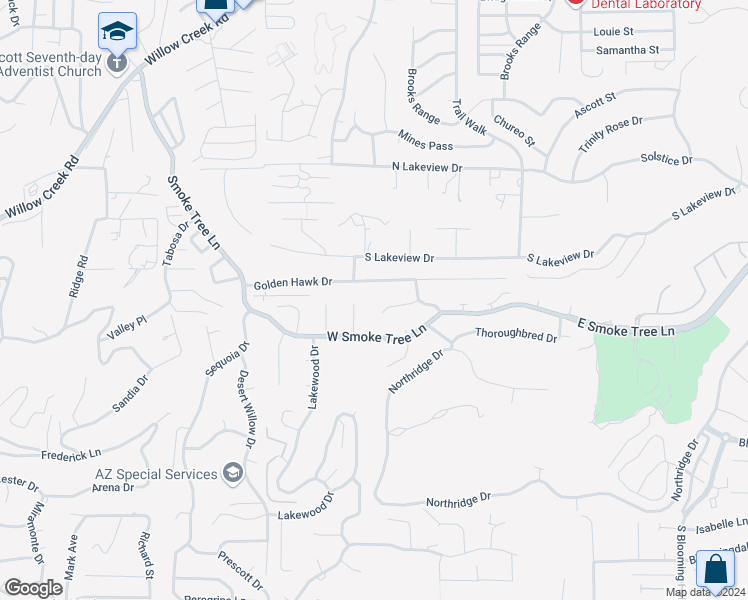 map of restaurants, bars, coffee shops, grocery stores, and more near 162 Darby Creek Way in Prescott