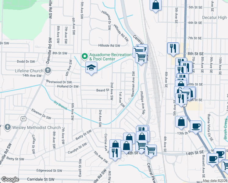 map of restaurants, bars, coffee shops, grocery stores, and more near 1402 2nd Avenue Southwest in Decatur