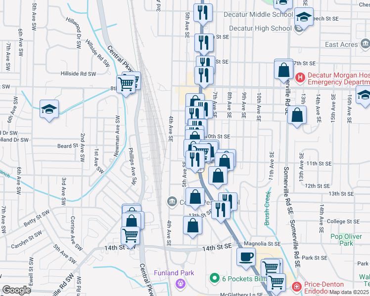 map of restaurants, bars, coffee shops, grocery stores, and more near 1407 5th Avenue Southeast in Decatur