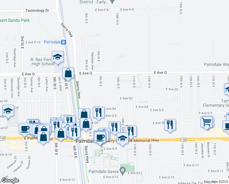 map of restaurants, bars, coffee shops, grocery stores, and more near 38633 10th Street East in Palmdale