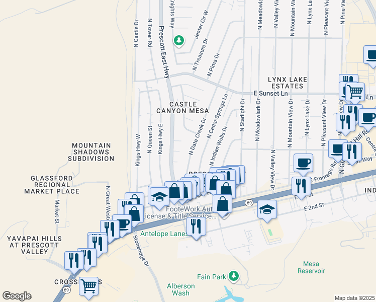 map of restaurants, bars, coffee shops, grocery stores, and more near 6251 East Duke Avenue in Prescott Valley