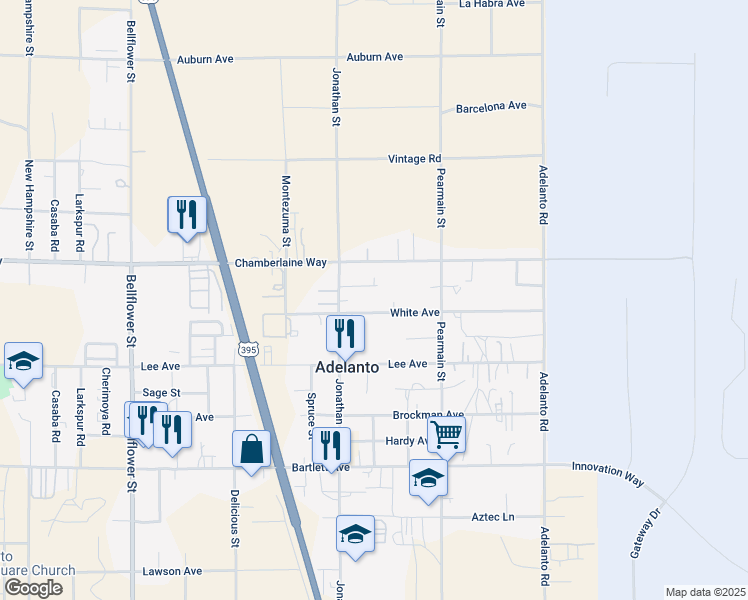 map of restaurants, bars, coffee shops, grocery stores, and more near 11770 White Avenue in Adelanto