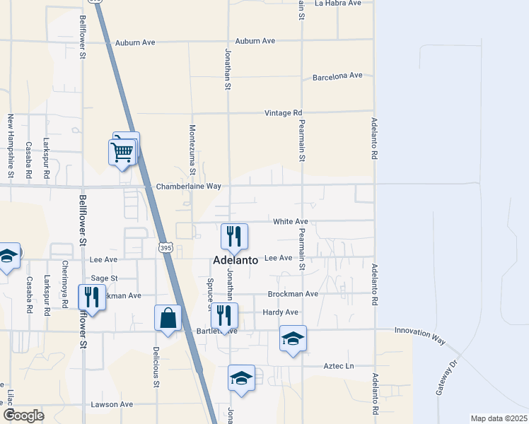 map of restaurants, bars, coffee shops, grocery stores, and more near 11800 White Avenue in Adelanto