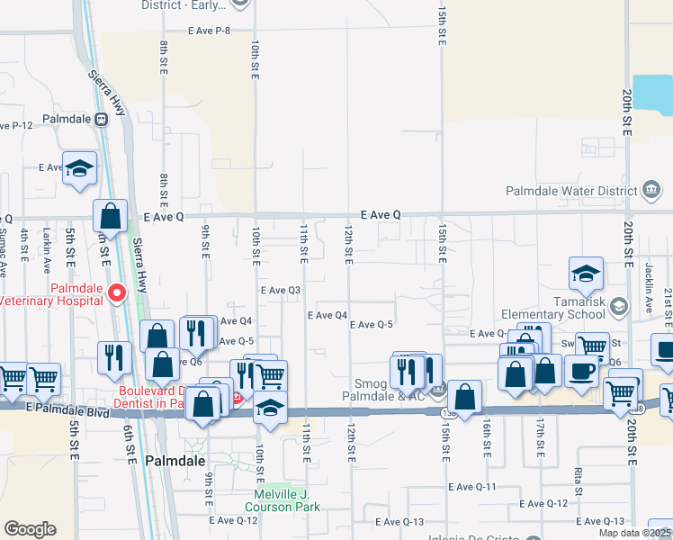 map of restaurants, bars, coffee shops, grocery stores, and more near 38675 12th Street East in Palmdale
