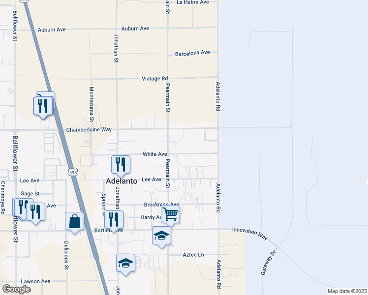 map of restaurants, bars, coffee shops, grocery stores, and more near 11962 White Avenue in Adelanto