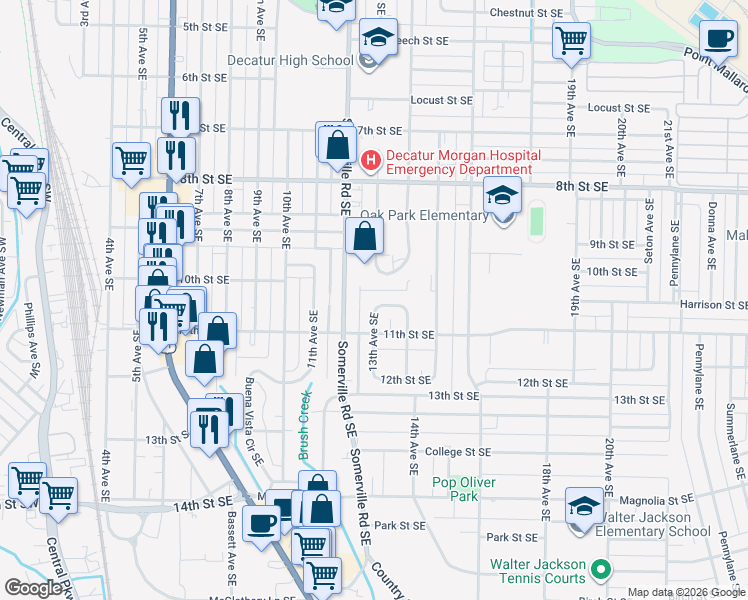 map of restaurants, bars, coffee shops, grocery stores, and more near 1302 Morningside Court Southeast in Decatur