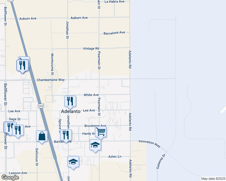 map of restaurants, bars, coffee shops, grocery stores, and more near 11962 White Avenue in Adelanto