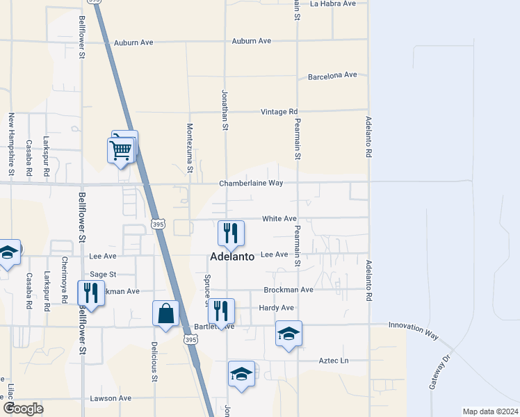 map of restaurants, bars, coffee shops, grocery stores, and more near 11770 White Avenue in Adelanto