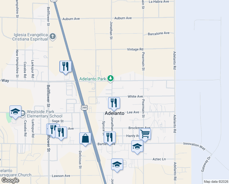 map of restaurants, bars, coffee shops, grocery stores, and more near 18415 Jonathan Street in Adelanto