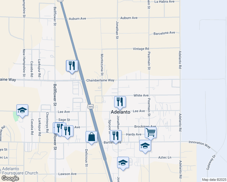 map of restaurants, bars, coffee shops, grocery stores, and more near 18415 Jonathan Street in Adelanto