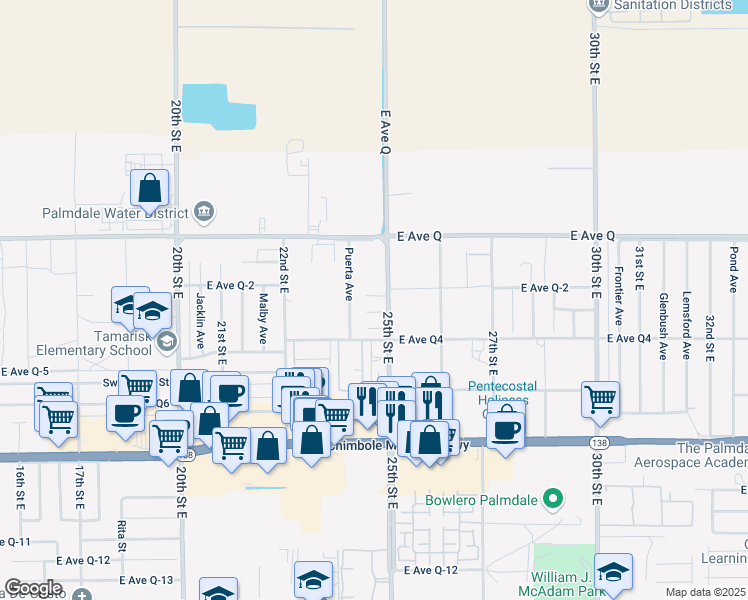 map of restaurants, bars, coffee shops, grocery stores, and more near 38657 25th Street East in Palmdale