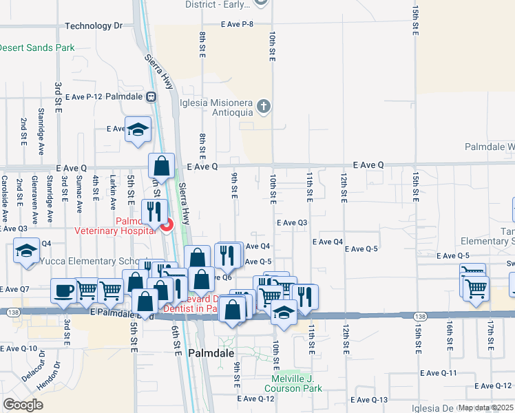 map of restaurants, bars, coffee shops, grocery stores, and more near 38633 10th Street East in Palmdale