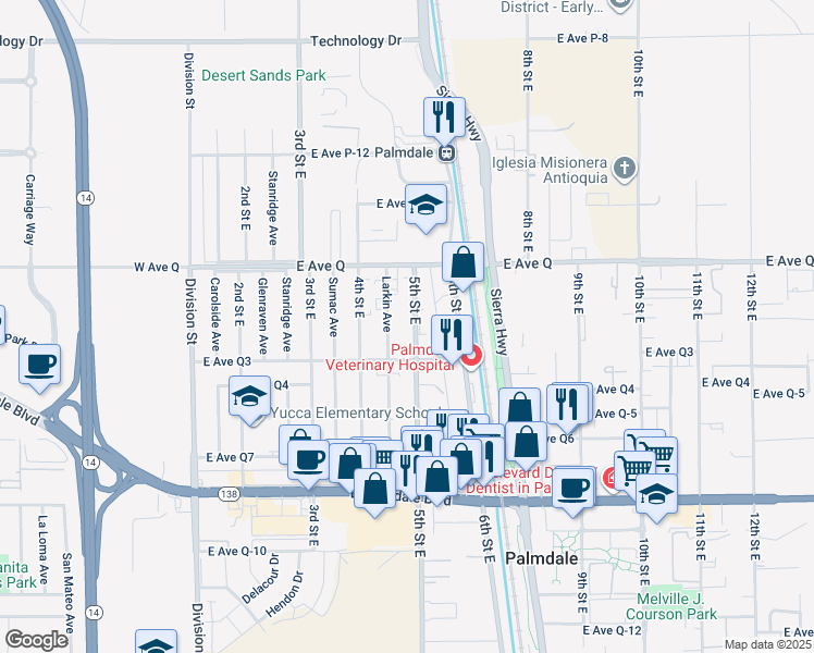 map of restaurants, bars, coffee shops, grocery stores, and more near 38646 5th Street East in Palmdale