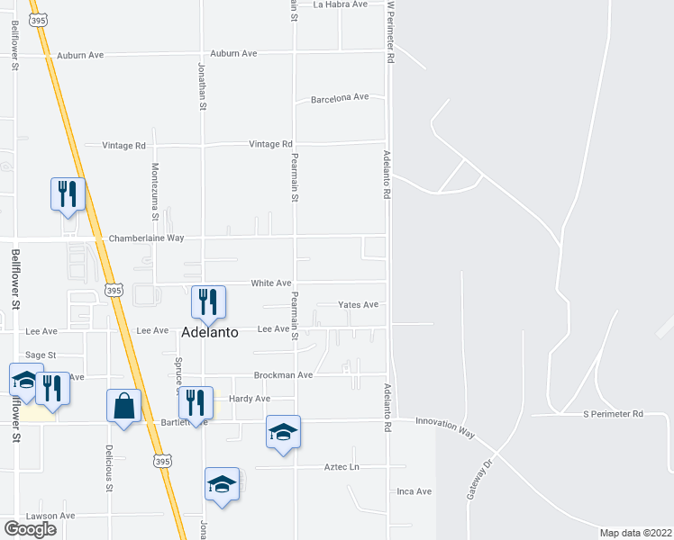 map of restaurants, bars, coffee shops, grocery stores, and more near 11986 White Avenue in Adelanto