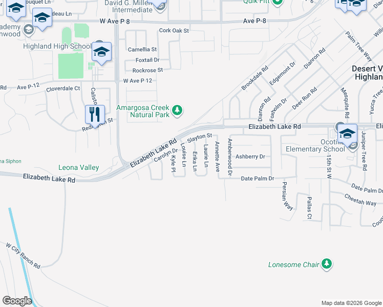 map of restaurants, bars, coffee shops, grocery stores, and more near 38665 Erika Lane in Palmdale
