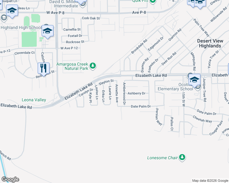 map of restaurants, bars, coffee shops, grocery stores, and more near 38661 Annette Avenue in Palmdale