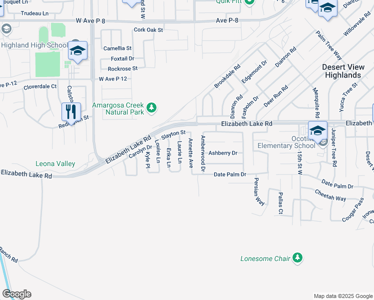 map of restaurants, bars, coffee shops, grocery stores, and more near 38661 Annette Avenue in Palmdale