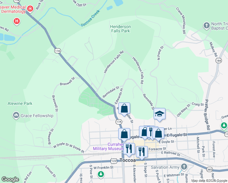 map of restaurants, bars, coffee shops, grocery stores, and more near 40 Remsdale Street in Toccoa